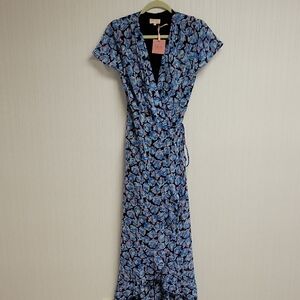 GOA Paris Blue Floral Repose Wrap Dress, Tea Length, Medium New Boho Fairy Sheer